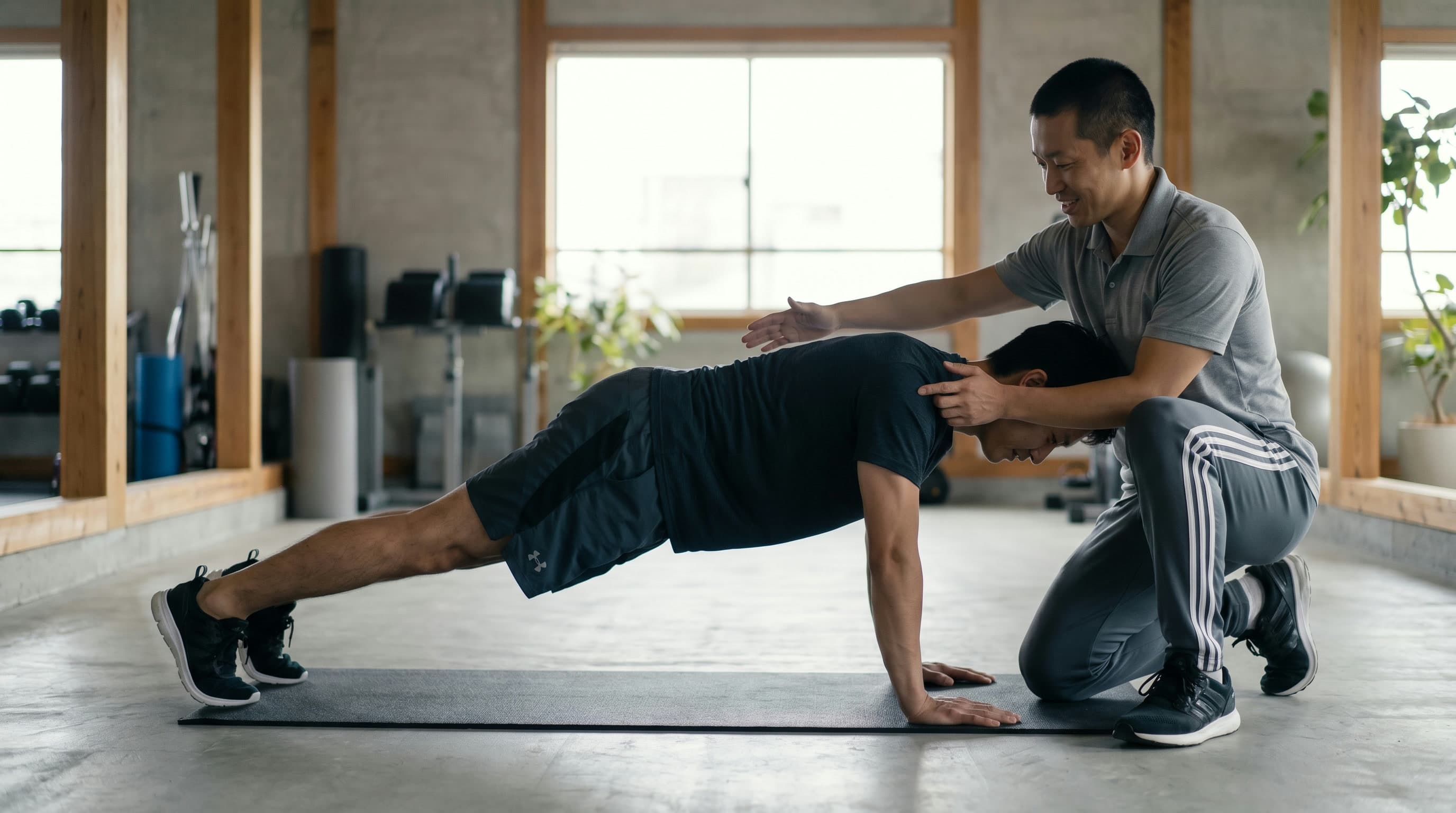 トレーナーが生徒のフォームを丁寧に補助する1対1レッスン